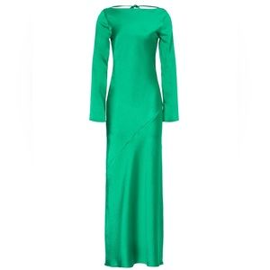 Line + Dot Size S Cassie Satin Gown Green Asymmetric Back Long Sleeves